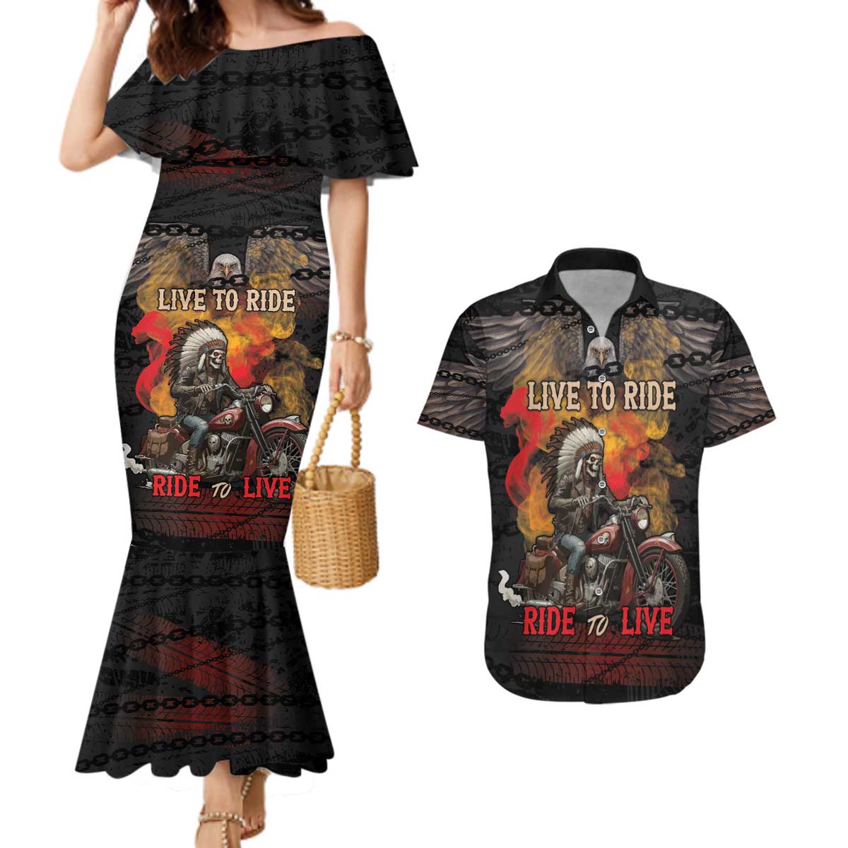 Indian Motorcycle Couples Matching Mermaid Dress and Hawaiian Shirt Live To Ride Skull Biker Native American - Wonder Print Shop
