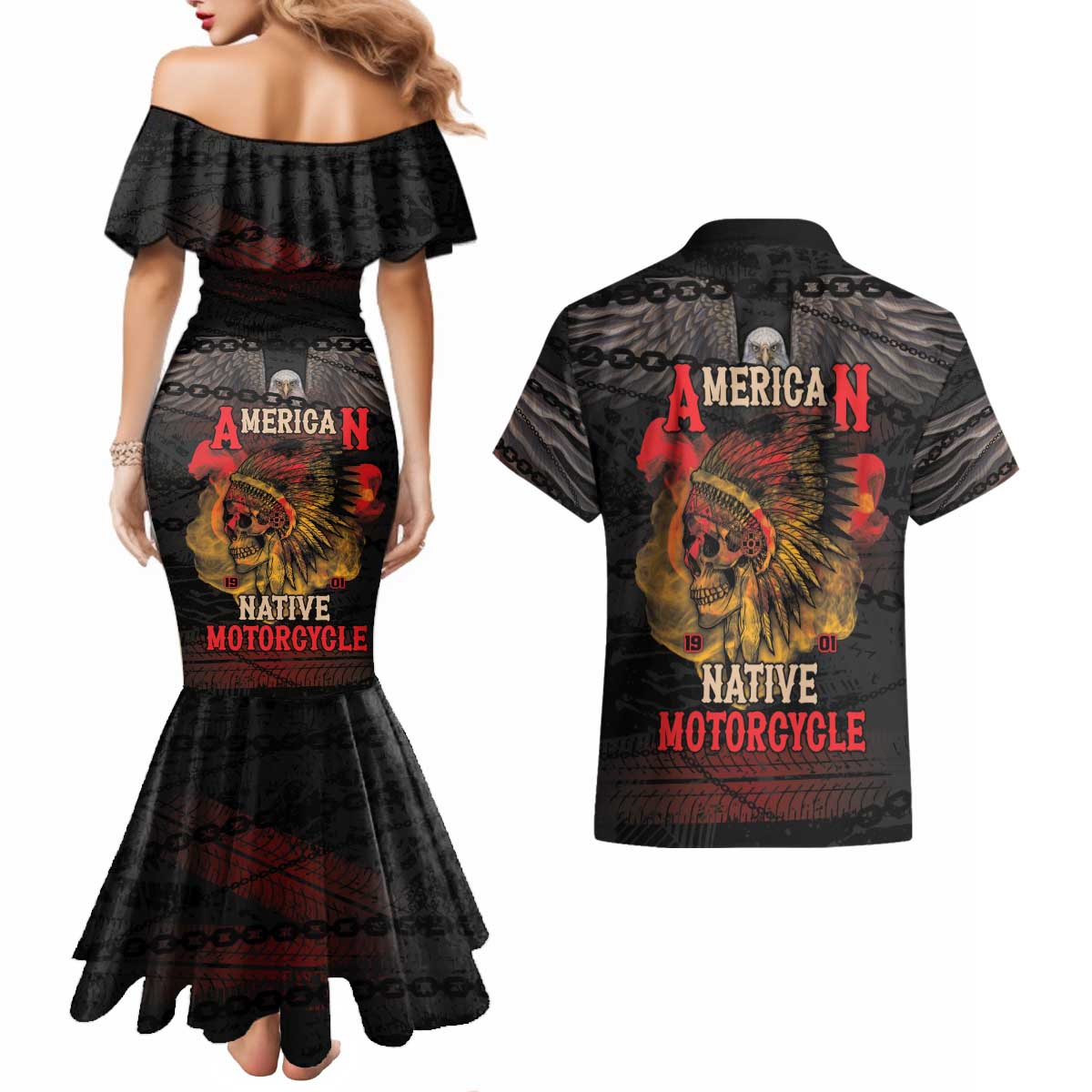 Indian Motorcycle Couples Matching Mermaid Dress and Hawaiian Shirt Live To Ride Skull Biker Native American - Wonder Print Shop