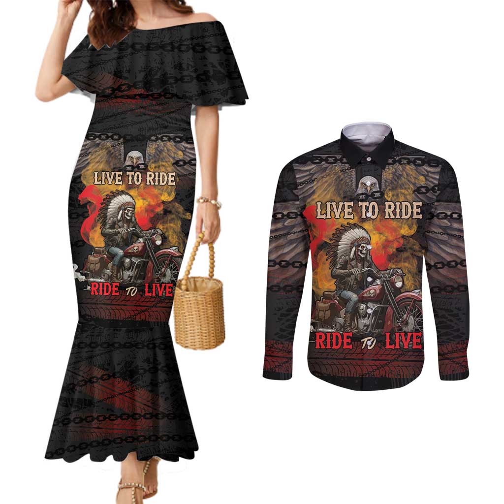 Indian Motorcycle Couples Matching Mermaid Dress and Long Sleeve Button Shirt Live To Ride Skull Biker Native American - Wonder Print Shop