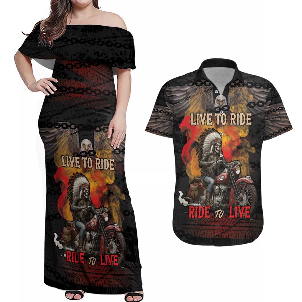 Indian Motorcycle Couples Matching Off Shoulder Maxi Dress and Hawaiian Shirt Live To Ride Skull Biker Native American - Wonder Print Shop