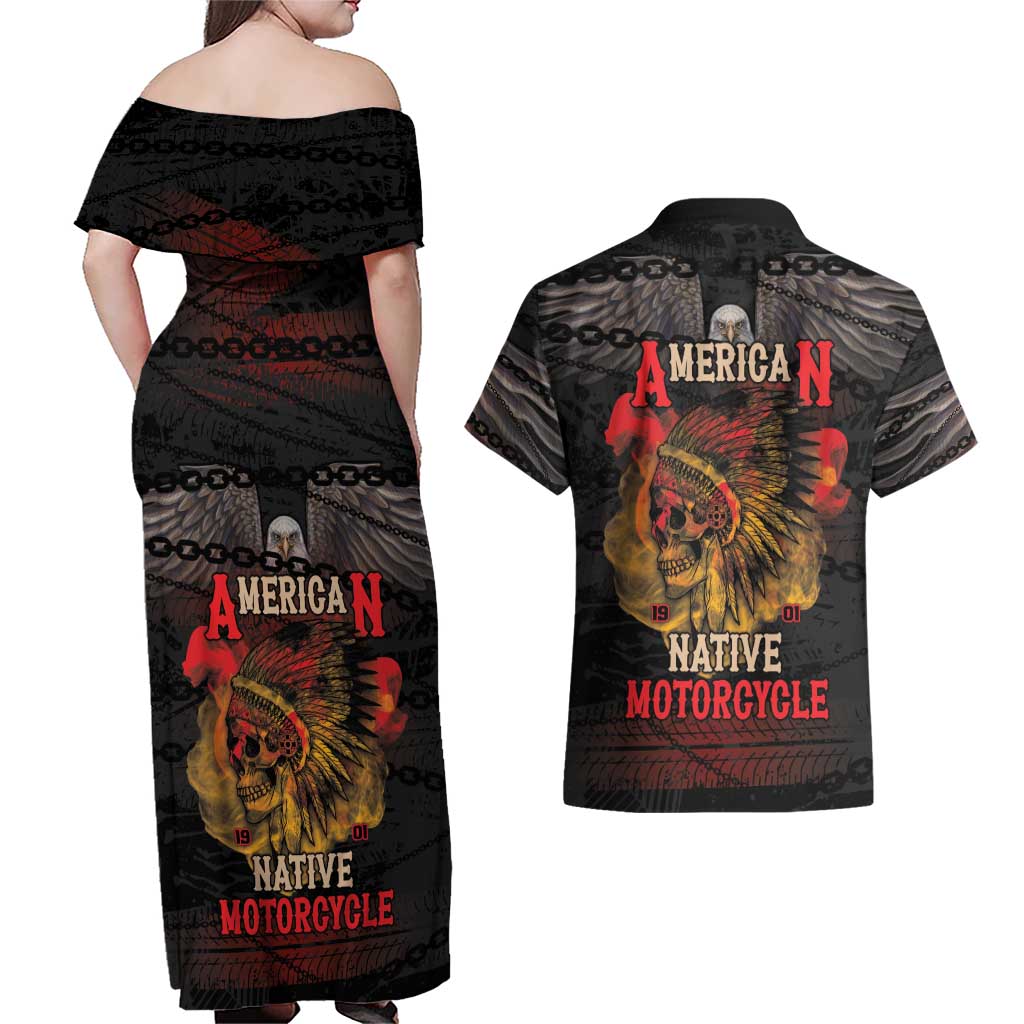 Indian Motorcycle Couples Matching Off Shoulder Maxi Dress and Hawaiian Shirt Live To Ride Skull Biker Native American - Wonder Print Shop