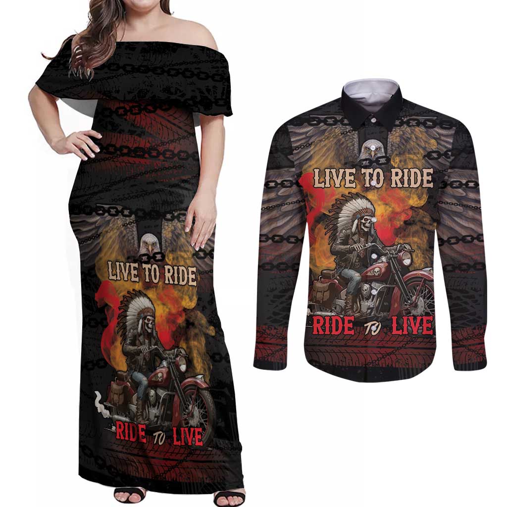 Indian Motorcycle Couples Matching Off Shoulder Maxi Dress and Long Sleeve Button Shirt Live To Ride Skull Biker Native American - Wonder Print Shop