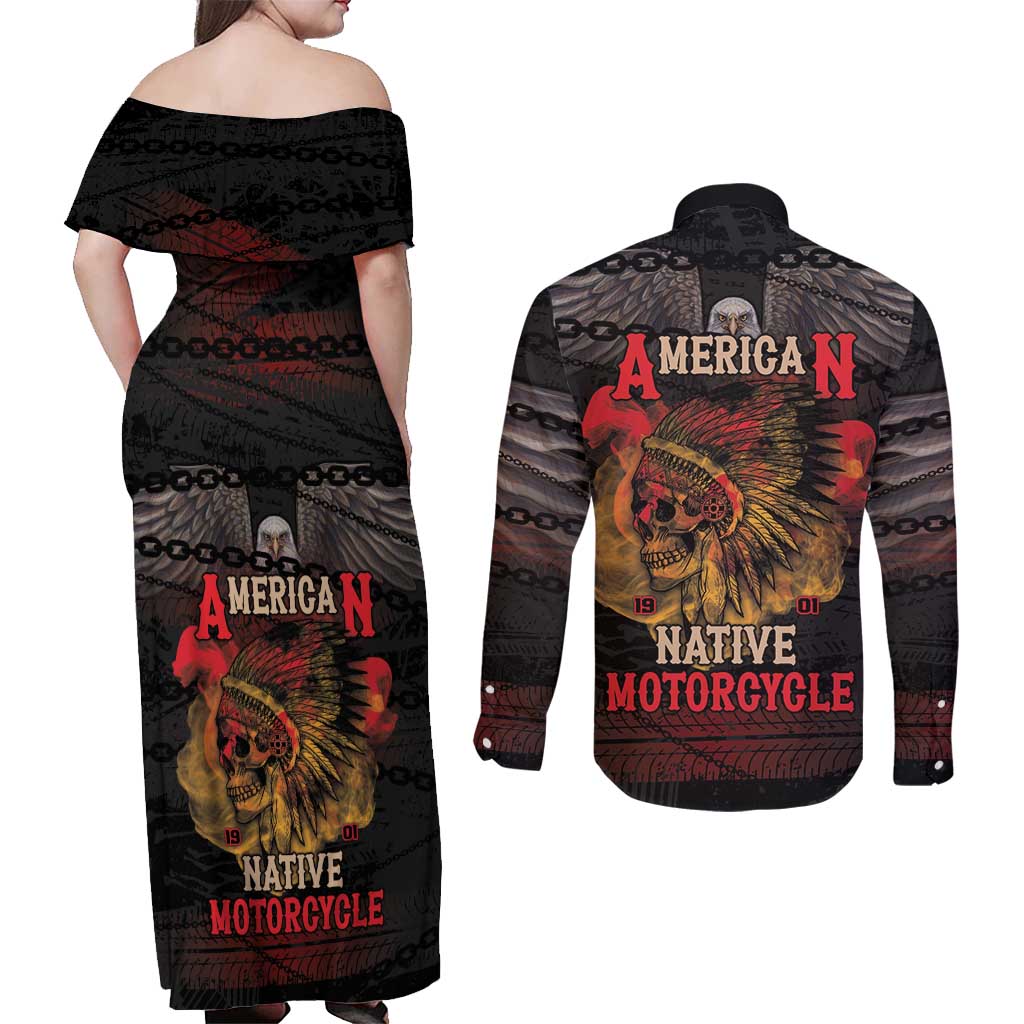 Indian Motorcycle Couples Matching Off Shoulder Maxi Dress and Long Sleeve Button Shirt Live To Ride Skull Biker Native American - Wonder Print Shop