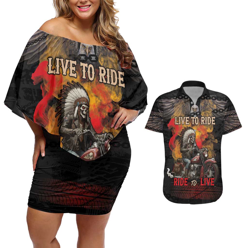 Indian Motorcycle Couples Matching Off Shoulder Short Dress and Hawaiian Shirt Live To Ride Skull Biker Native American - Wonder Print Shop