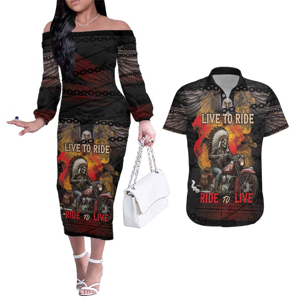 Indian Motorcycle Couples Matching Off The Shoulder Long Sleeve Dress and Hawaiian Shirt Live To Ride Skull Biker Native American - Wonder Print Shop