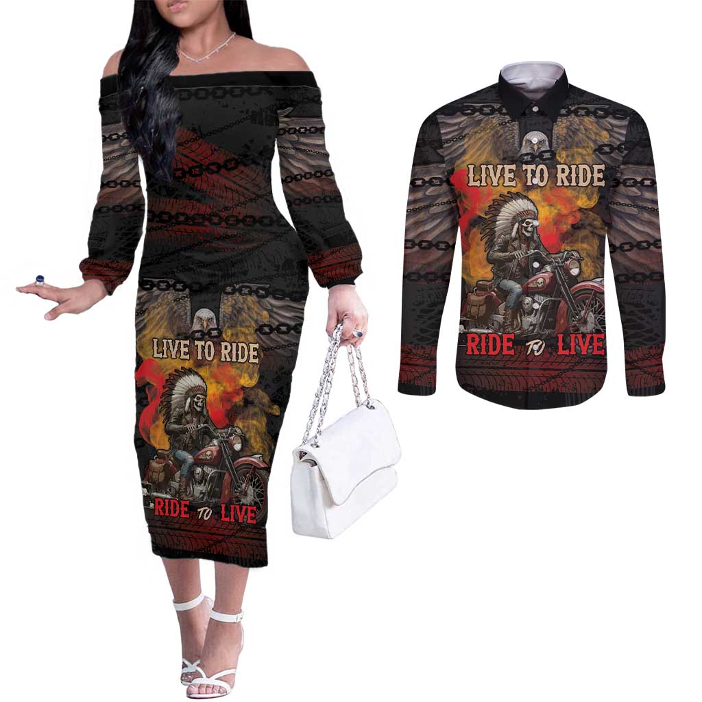 Indian Motorcycle Couples Matching Off The Shoulder Long Sleeve Dress and Long Sleeve Button Shirt Live To Ride Skull Biker Native American - Wonder Print Shop