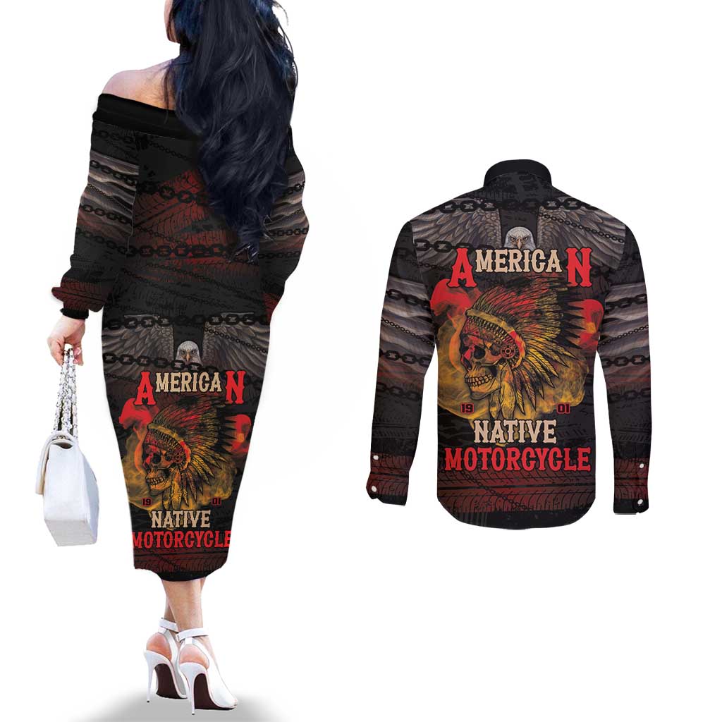 Indian Motorcycle Couples Matching Off The Shoulder Long Sleeve Dress and Long Sleeve Button Shirt Live To Ride Skull Biker Native American - Wonder Print Shop