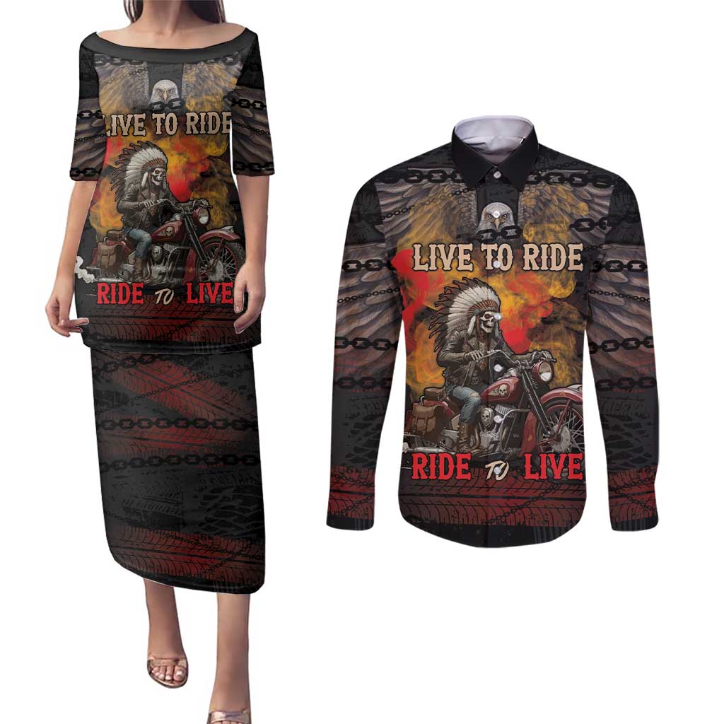 Indian Motorcycle Couples Matching Puletasi and Long Sleeve Button Shirt Live To Ride Skull Biker Native American - Wonder Print Shop