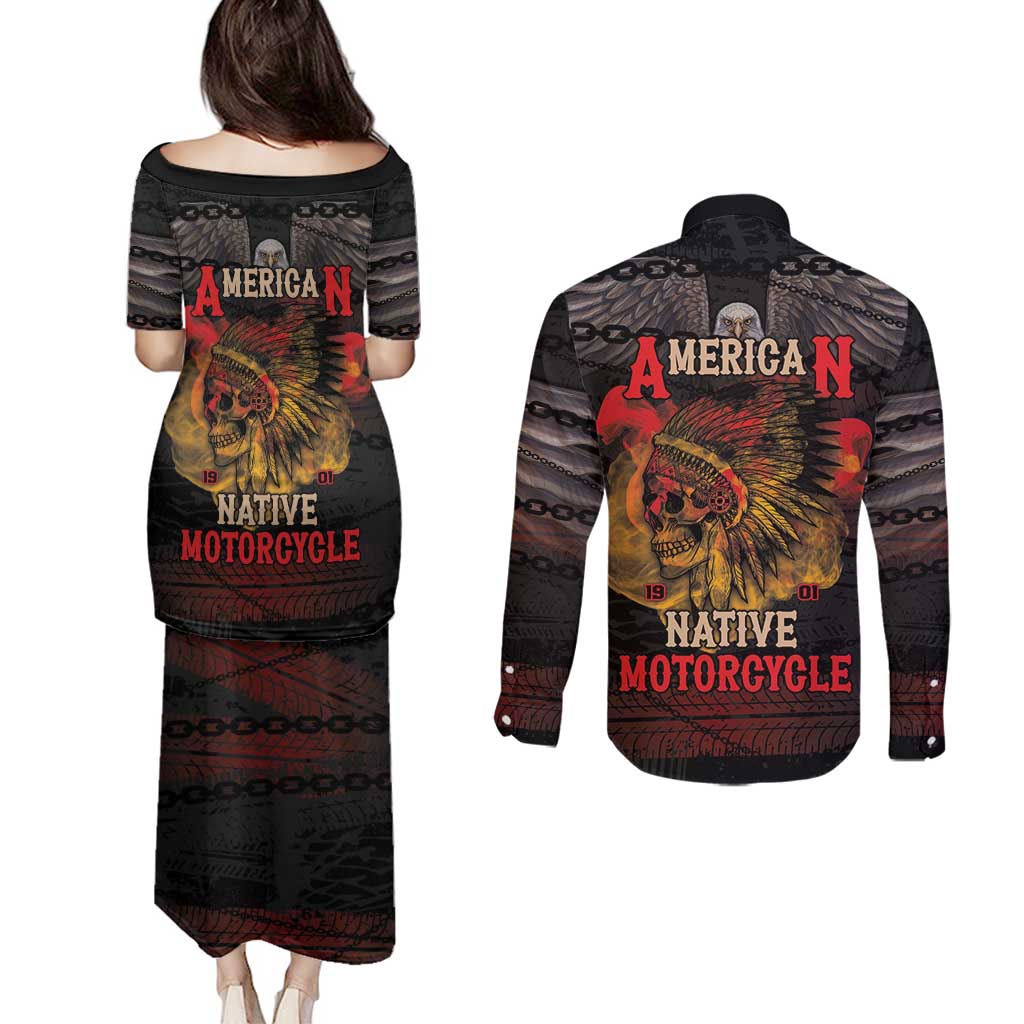 Indian Motorcycle Couples Matching Puletasi and Long Sleeve Button Shirt Live To Ride Skull Biker Native American - Wonder Print Shop
