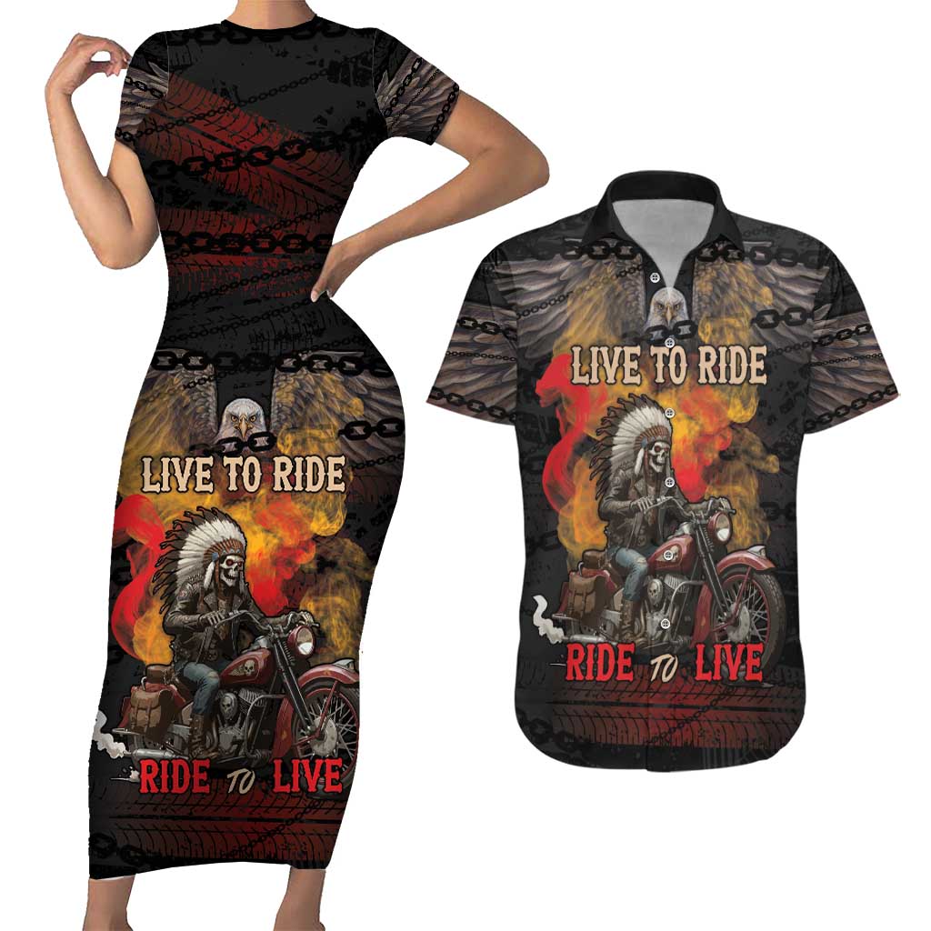 Indian Motorcycle Couples Matching Short Sleeve Bodycon Dress and Hawaiian Shirt Live To Ride Skull Biker Native American - Wonder Print Shop