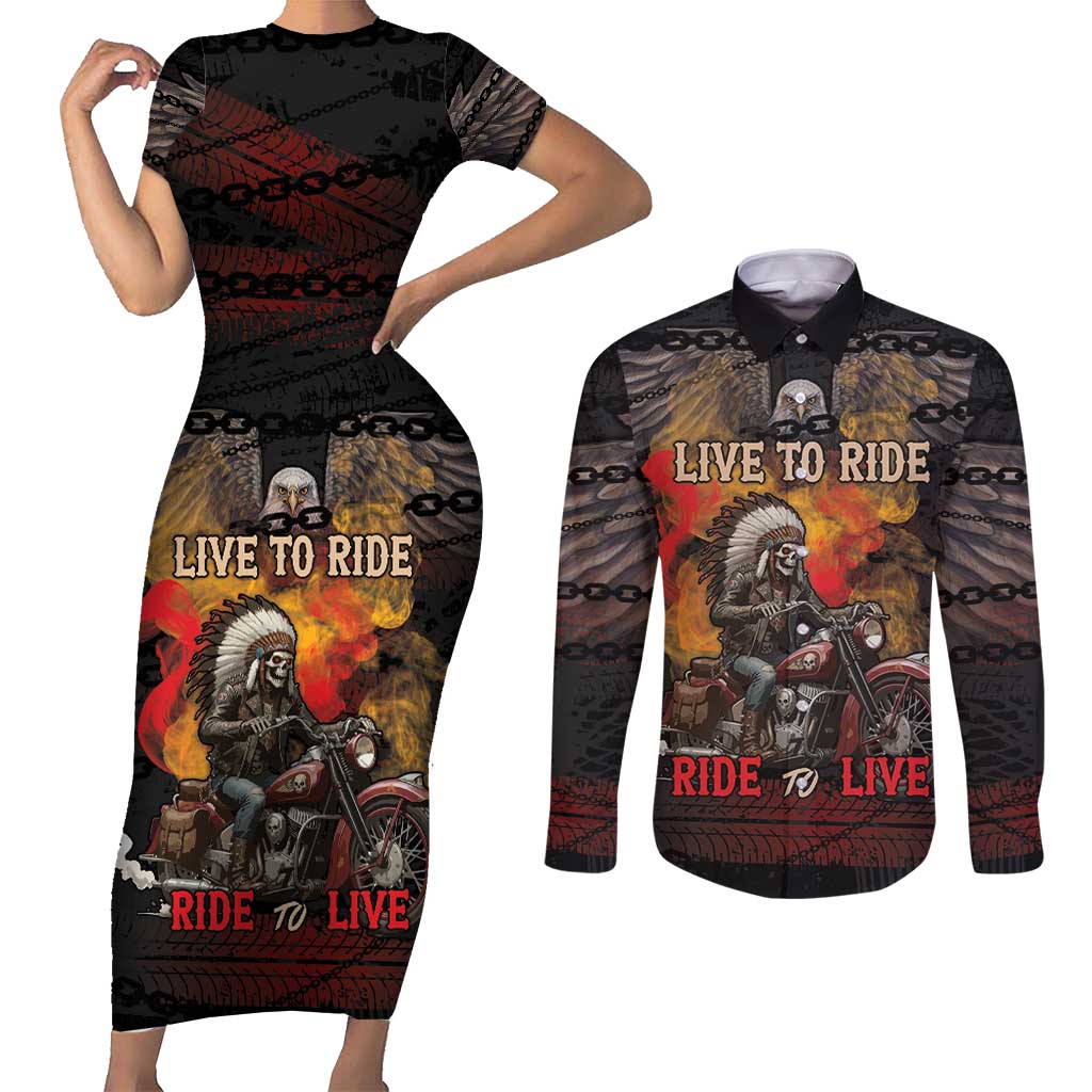 Indian Motorcycle Couples Matching Short Sleeve Bodycon Dress and Long Sleeve Button Shirt Live To Ride Skull Biker Native American - Wonder Print Shop