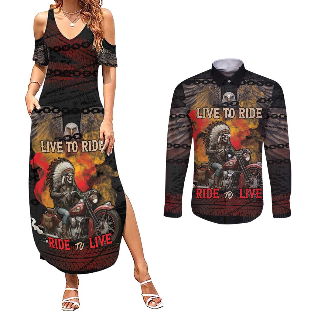 Indian Motorcycle Couples Matching Summer Maxi Dress and Long Sleeve Button Shirt Live To Ride Skull Biker Native American - Wonder Print Shop