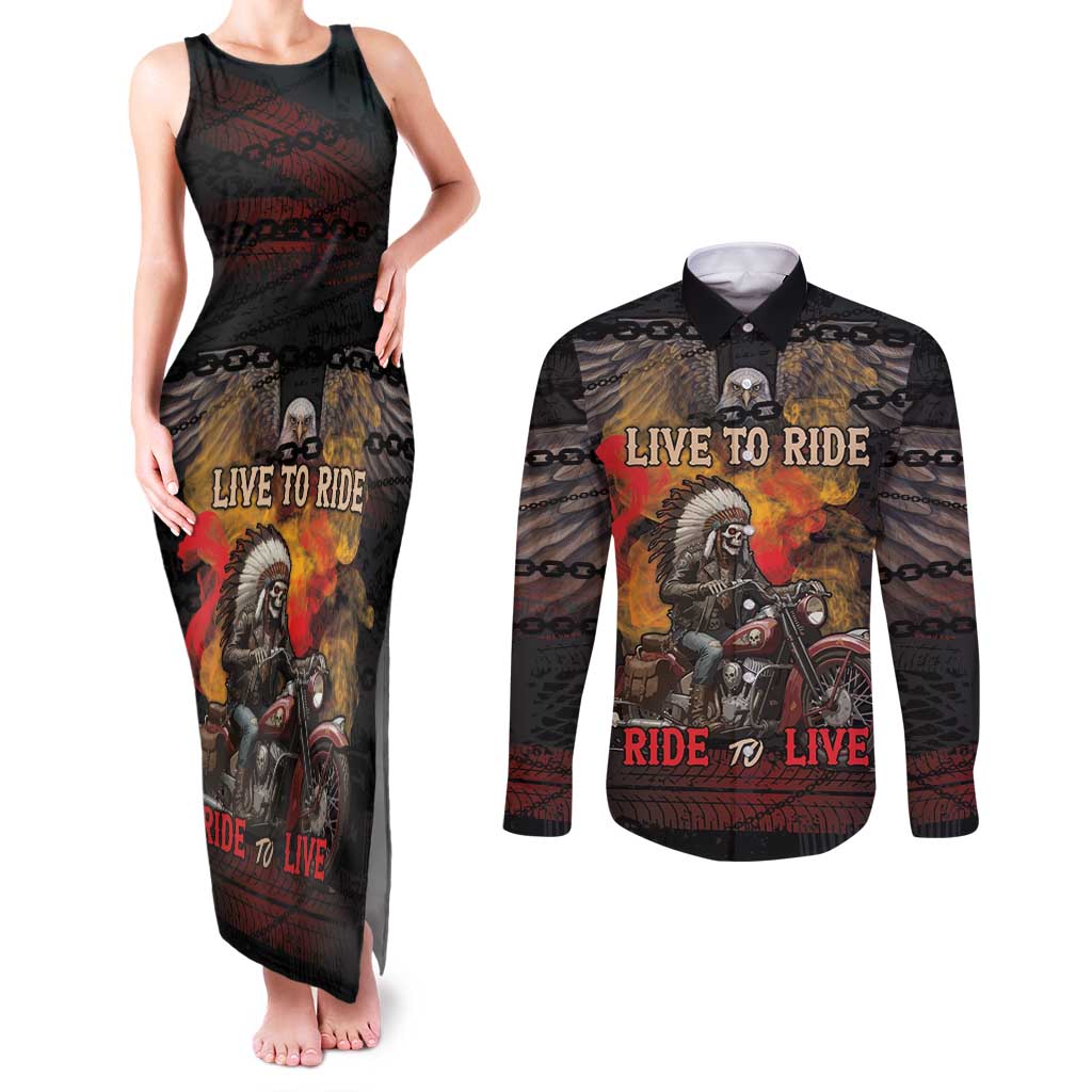 Indian Motorcycle Couples Matching Tank Maxi Dress and Long Sleeve Button Shirt Live To Ride Skull Biker Native American - Wonder Print Shop