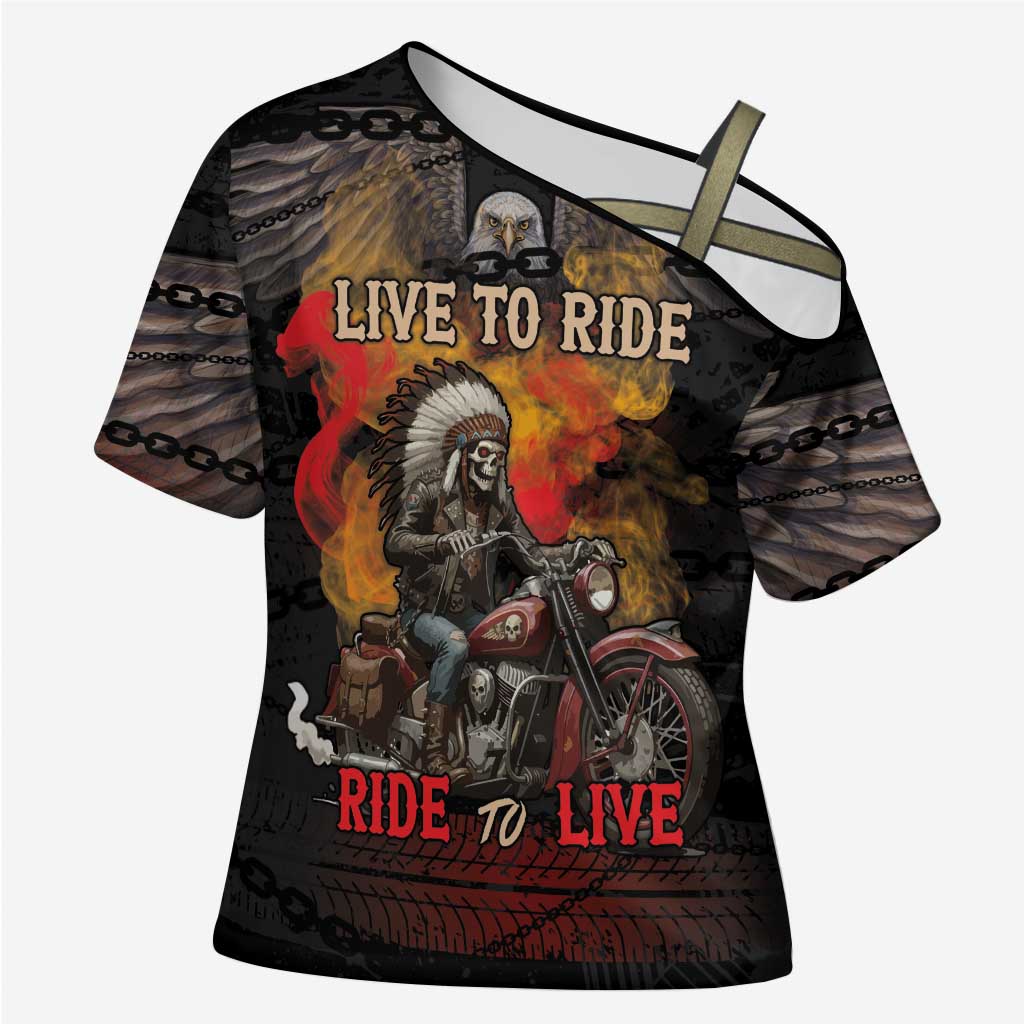 Indian Motorcycle Cross Shoulder Shirt Live To Ride Skull Biker Native American - Wonder Print Shop