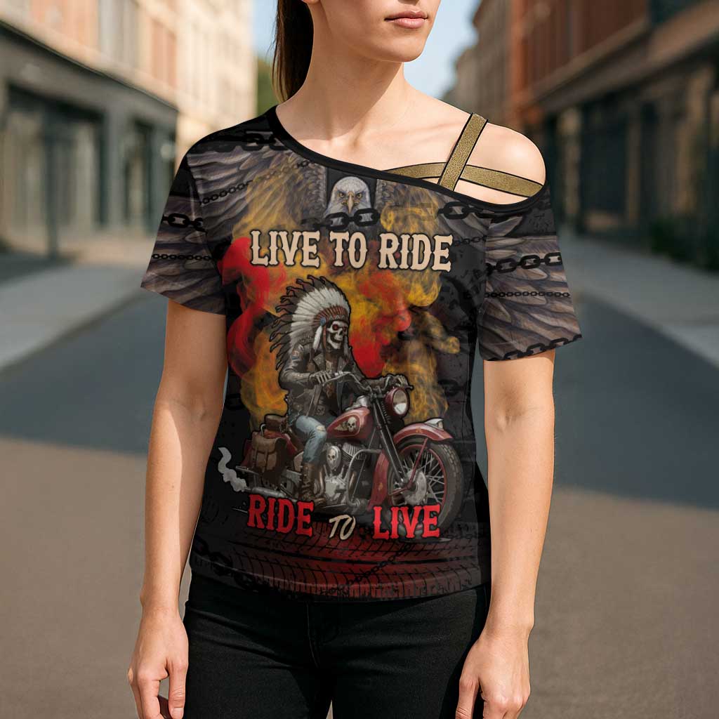 Indian Motorcycle Cross Shoulder Shirt Live To Ride Skull Biker Native American - Wonder Print Shop