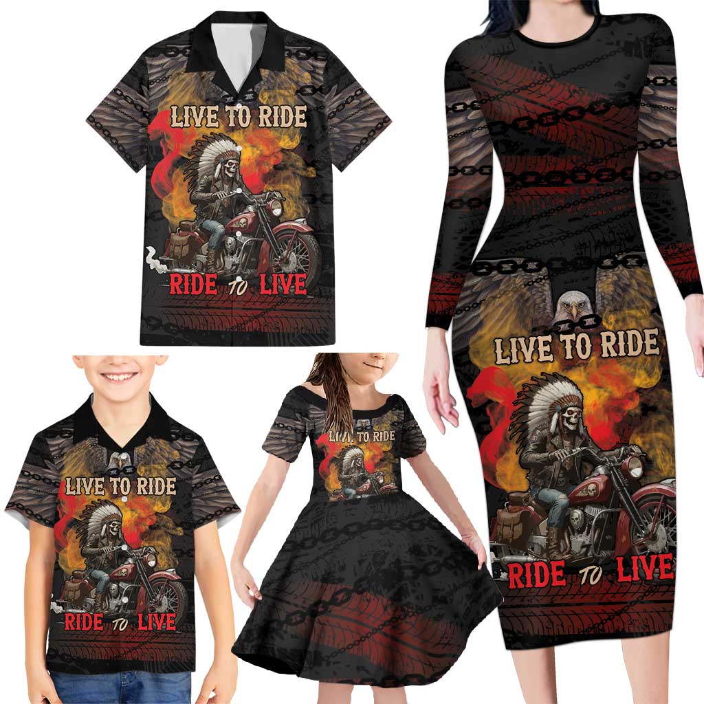 Indian Motorcycle Family Matching Long Sleeve Bodycon Dress and Hawaiian Shirt Live To Ride Skull Biker Native American - Wonder Print Shop