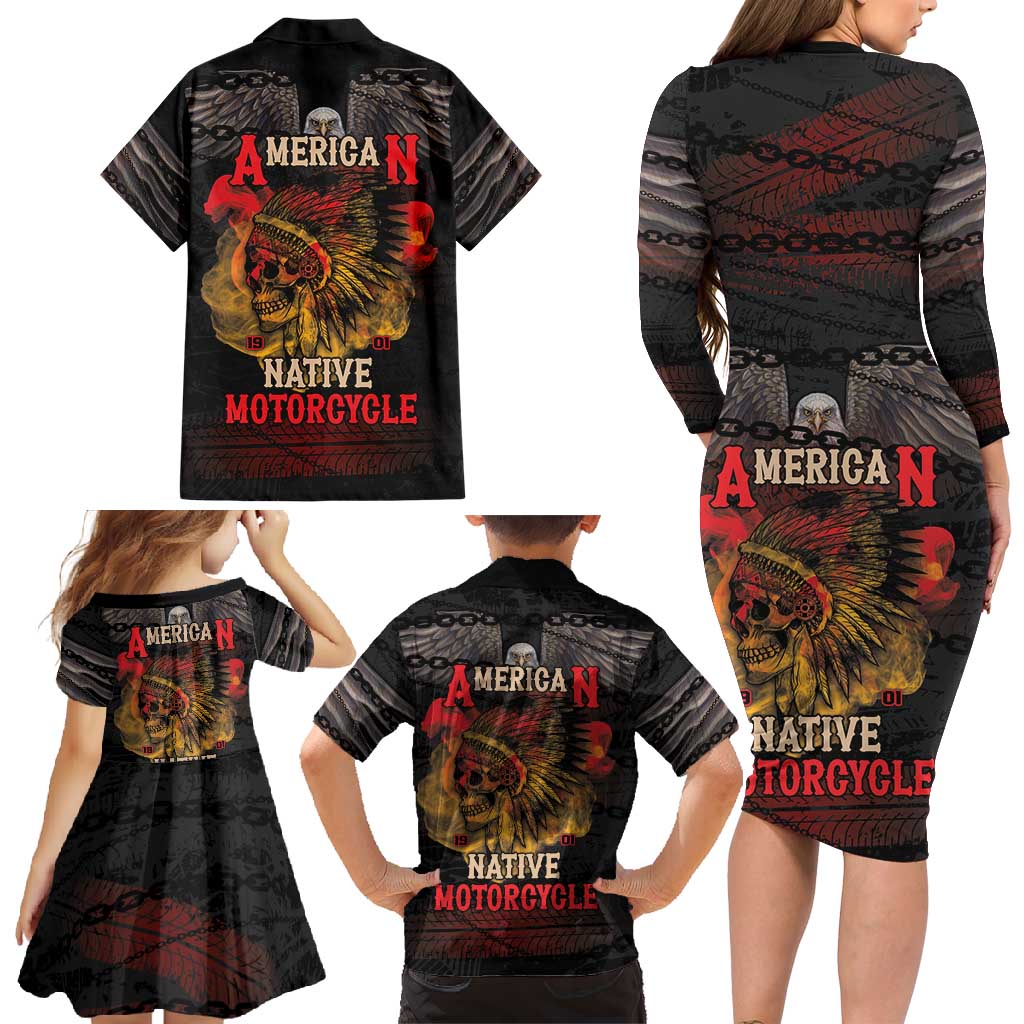 Indian Motorcycle Family Matching Long Sleeve Bodycon Dress and Hawaiian Shirt Live To Ride Skull Biker Native American - Wonder Print Shop