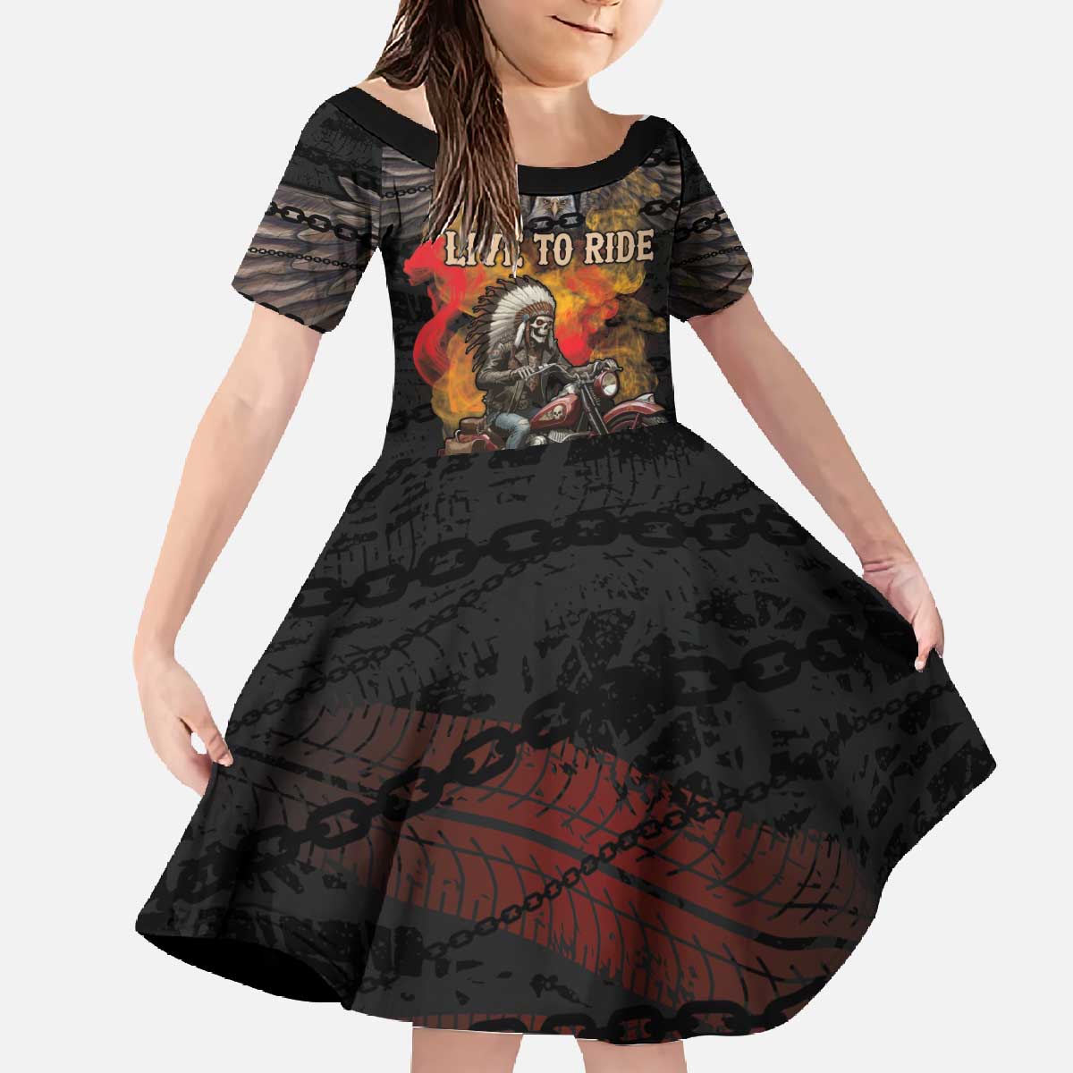 Indian Motorcycle Family Matching Off The Shoulder Long Sleeve Dress and Hawaiian Shirt Live To Ride Skull Biker Native American - Wonder Print Shop