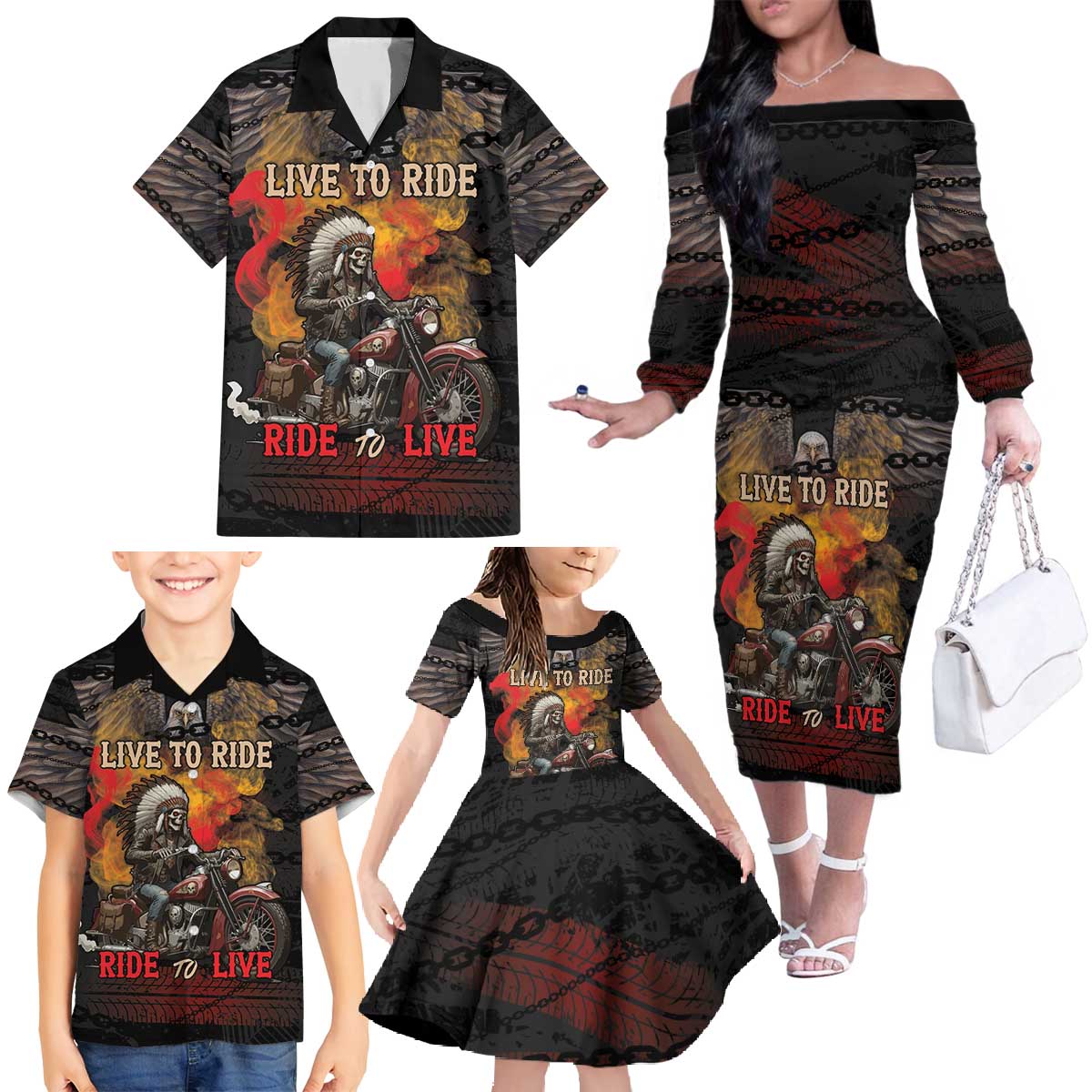 Indian Motorcycle Family Matching Off The Shoulder Long Sleeve Dress and Hawaiian Shirt Live To Ride Skull Biker Native American - Wonder Print Shop