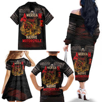 Indian Motorcycle Family Matching Off The Shoulder Long Sleeve Dress and Hawaiian Shirt Live To Ride Skull Biker Native American - Wonder Print Shop