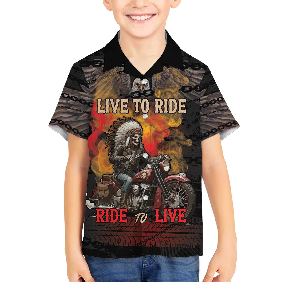 Indian Motorcycle Family Matching Off The Shoulder Long Sleeve Dress and Hawaiian Shirt Live To Ride Skull Biker Native American - Wonder Print Shop