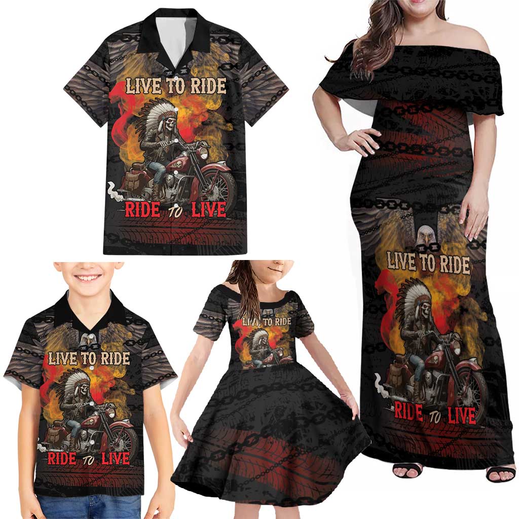 Indian Motorcycle Family Matching Off Shoulder Maxi Dress and Hawaiian Shirt Live To Ride Skull Biker Native American - Wonder Print Shop