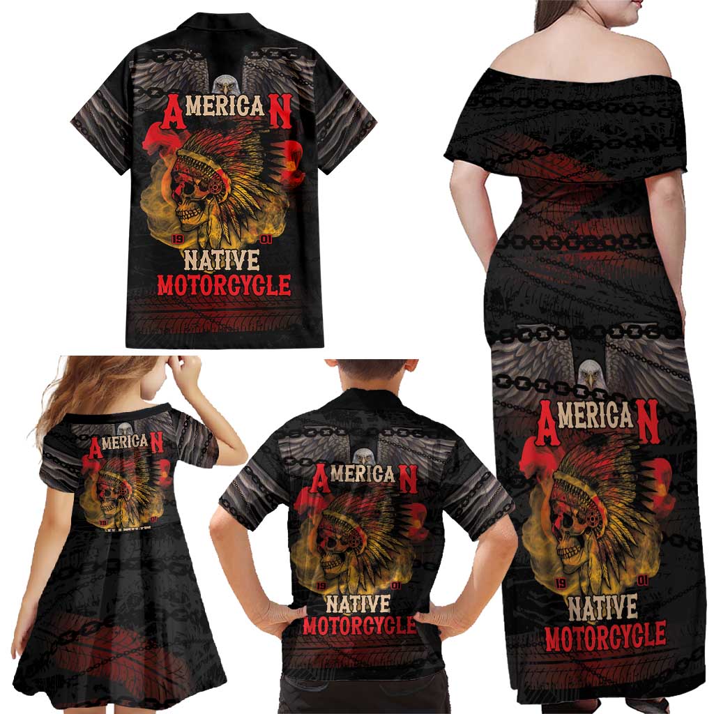 Indian Motorcycle Family Matching Off Shoulder Maxi Dress and Hawaiian Shirt Live To Ride Skull Biker Native American - Wonder Print Shop