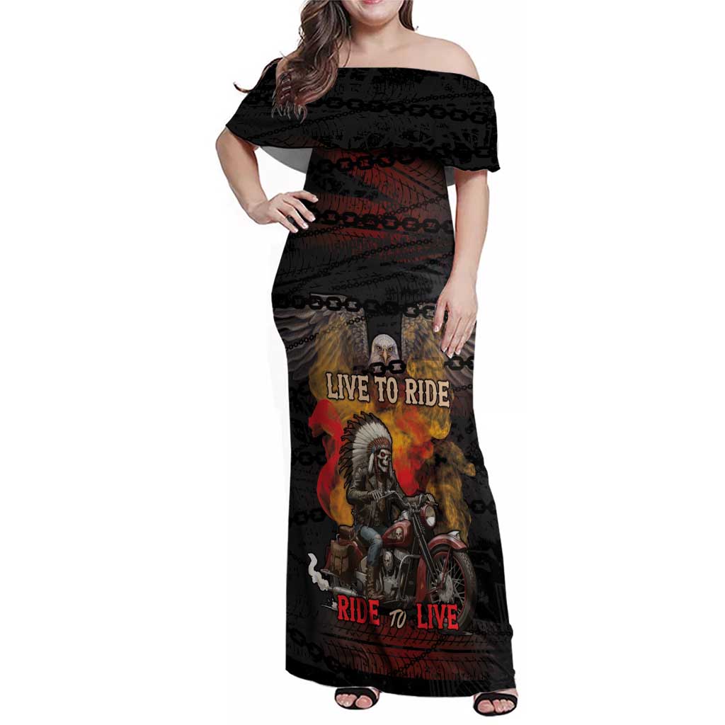 Indian Motorcycle Family Matching Off Shoulder Maxi Dress and Hawaiian Shirt Live To Ride Skull Biker Native American - Wonder Print Shop