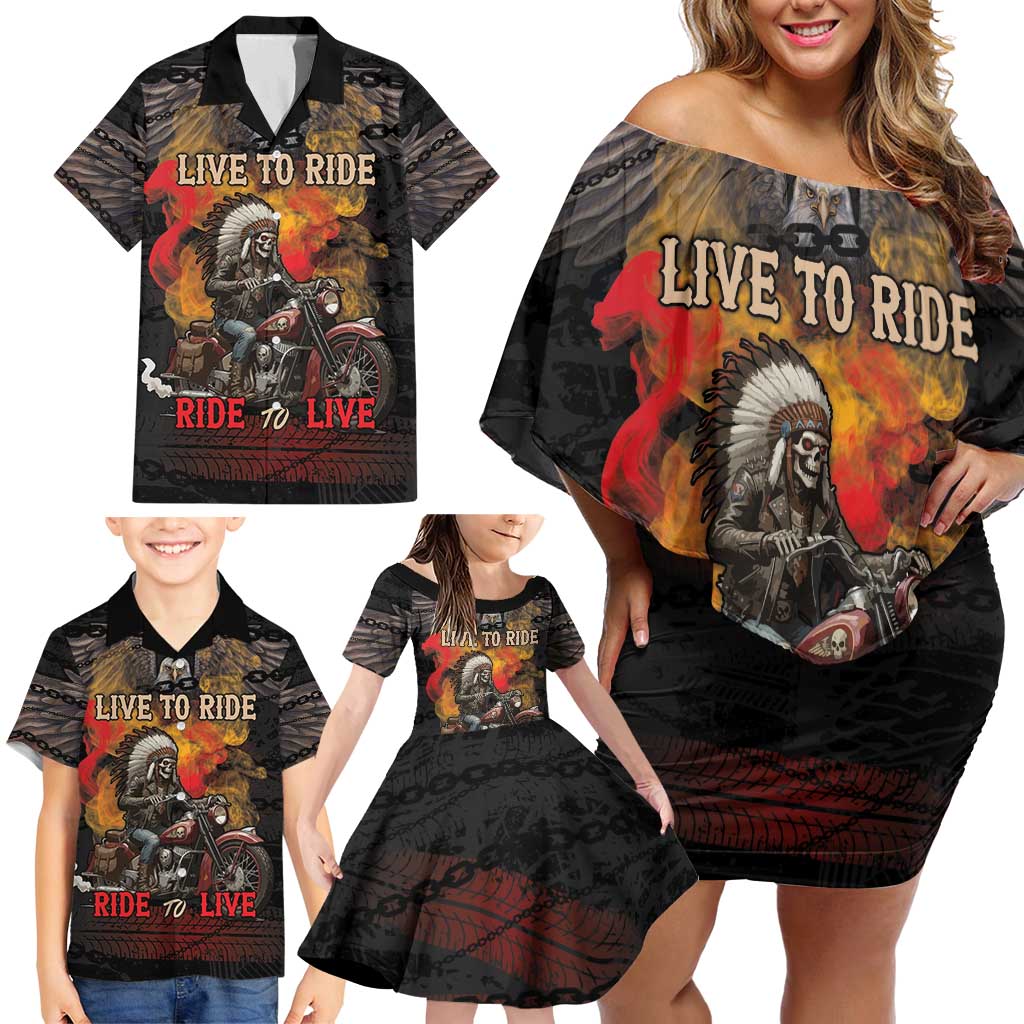 Indian Motorcycle Family Matching Off Shoulder Short Dress and Hawaiian Shirt Live To Ride Skull Biker Native American - Wonder Print Shop
