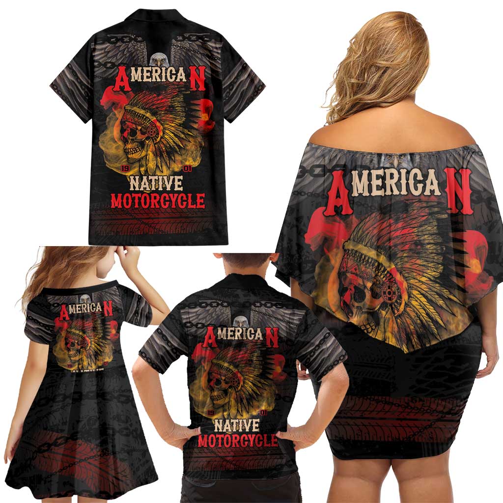 Indian Motorcycle Family Matching Off Shoulder Short Dress and Hawaiian Shirt Live To Ride Skull Biker Native American - Wonder Print Shop