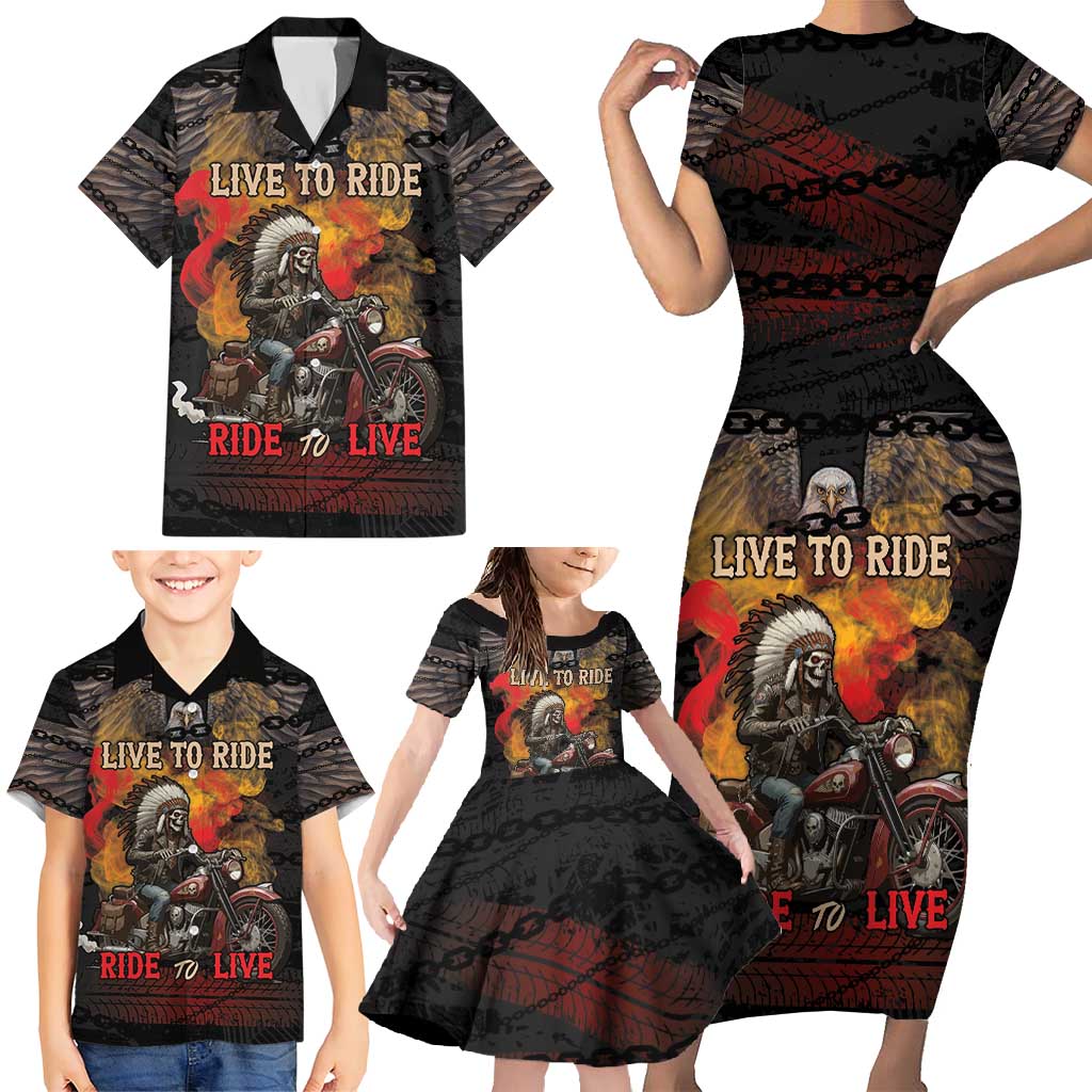 Indian Motorcycle Family Matching Short Sleeve Bodycon Dress and Hawaiian Shirt Live To Ride Skull Biker Native American - Wonder Print Shop