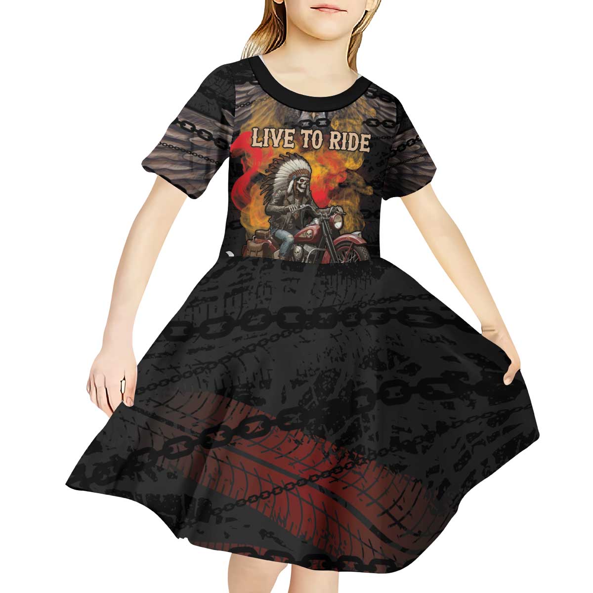 Indian Motorcycle Kid Short Sleeve Dress Live To Ride Skull Biker Native American - Wonder Print Shop
