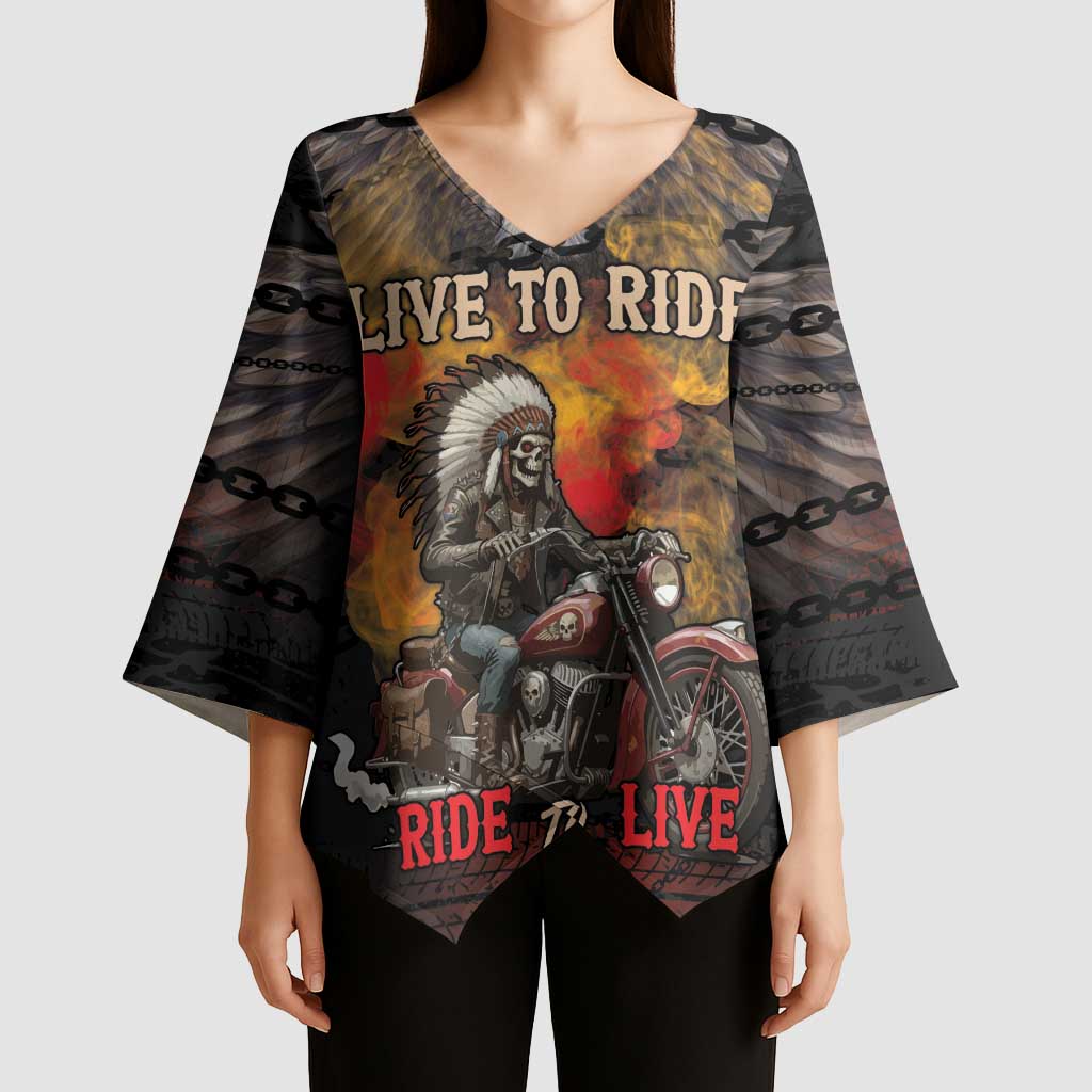 Indian Motorcycle Kimono Sleeve Blouse Live To Ride Skull Biker Native American - Wonder Print Shop
