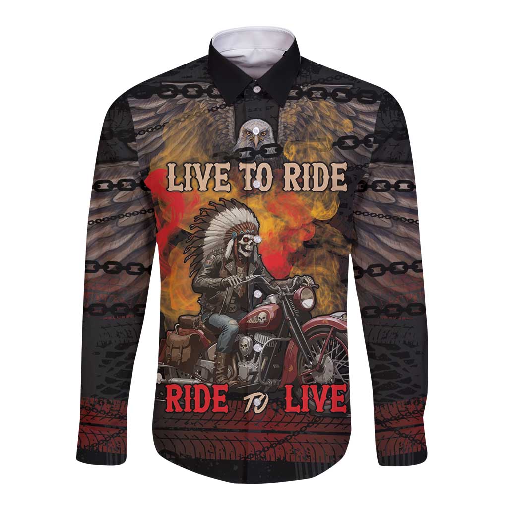Indian Motorcycle Long Sleeve Button Shirt Live To Ride Skull Biker Native American - Wonder Print Shop