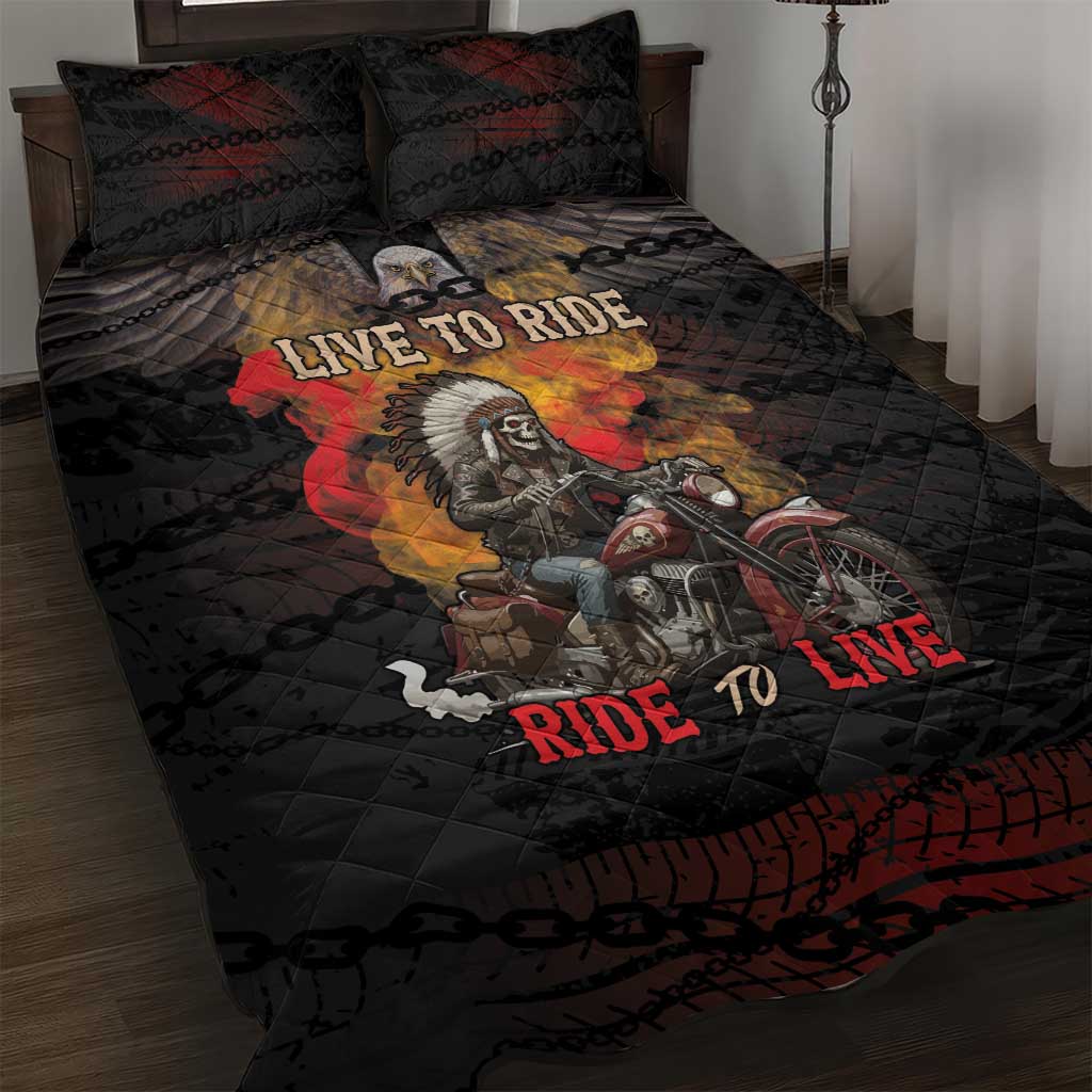 Indian Motorcycle Quilt Bed Set Live To Ride Skull Biker Native American - Wonder Print Shop