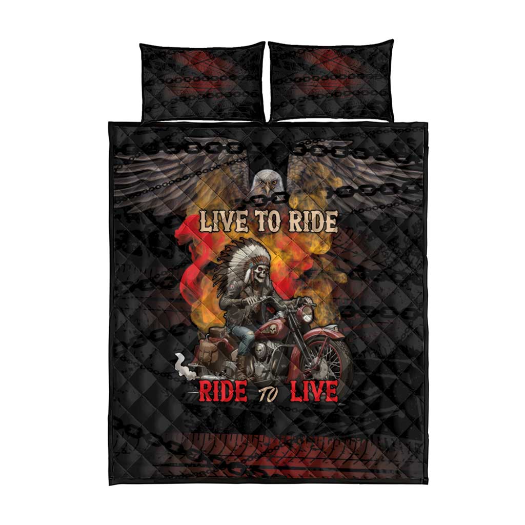 Indian Motorcycle Quilt Bed Set Live To Ride Skull Biker Native American - Wonder Print Shop