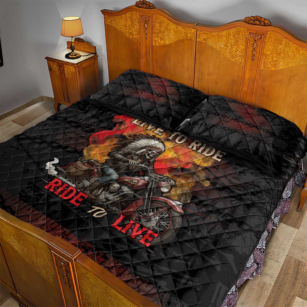 Indian Motorcycle Quilt Bed Set Live To Ride Skull Biker Native American - Wonder Print Shop