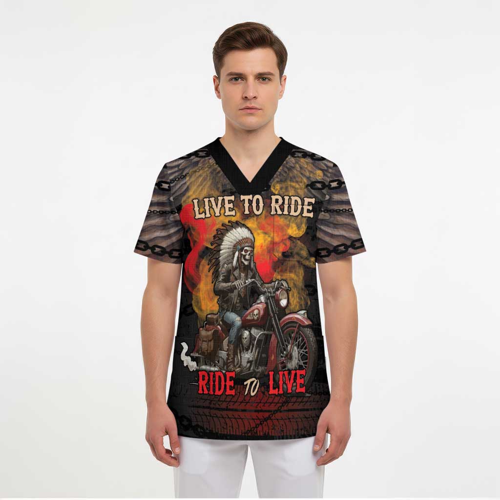 Indian Motorcycle Scrub Top Live To Ride Skull Biker Native American - Wonder Print Shop