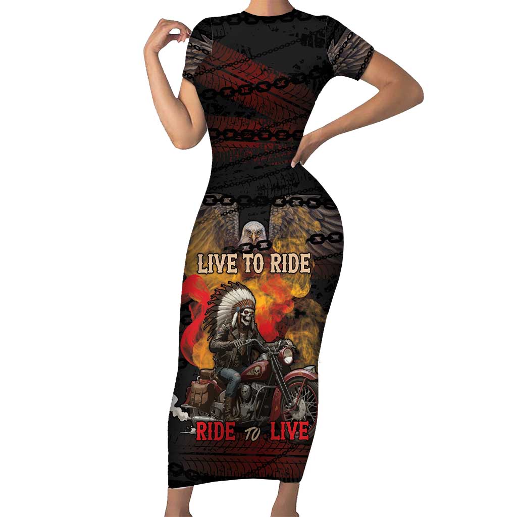 Indian Motorcycle Short Sleeve Bodycon Dress Live To Ride Skull Biker Native American - Wonder Print Shop