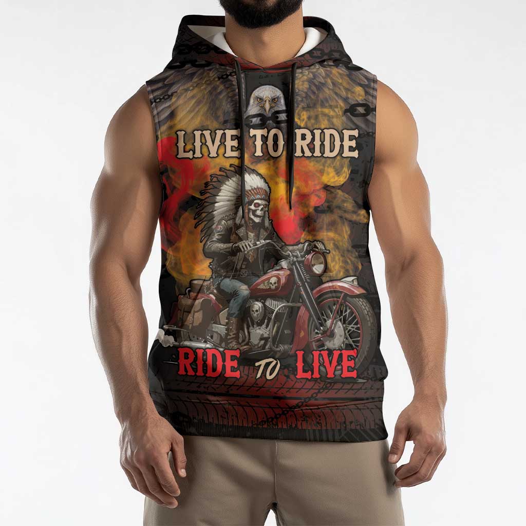 Indian Motorcycle Sleeveless Hoodie Live To Ride Skull Biker Native American - Wonder Print Shop