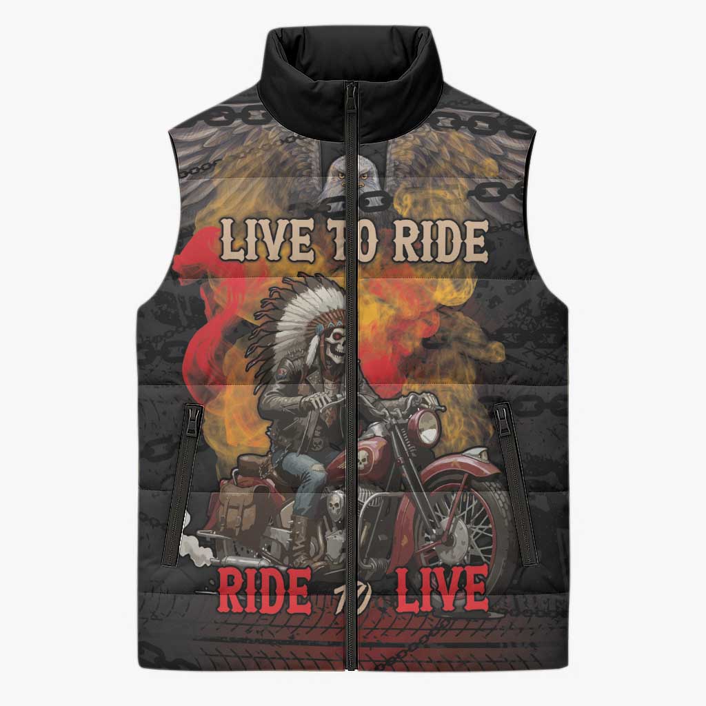 Indian Motorcycle Sleeveless Puffer Jacket Live To Ride Skull Biker Native American - Wonder Print Shop
