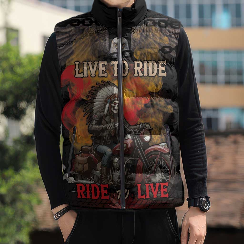 Indian Motorcycle Sleeveless Puffer Jacket Live To Ride Skull Biker Native American - Wonder Print Shop
