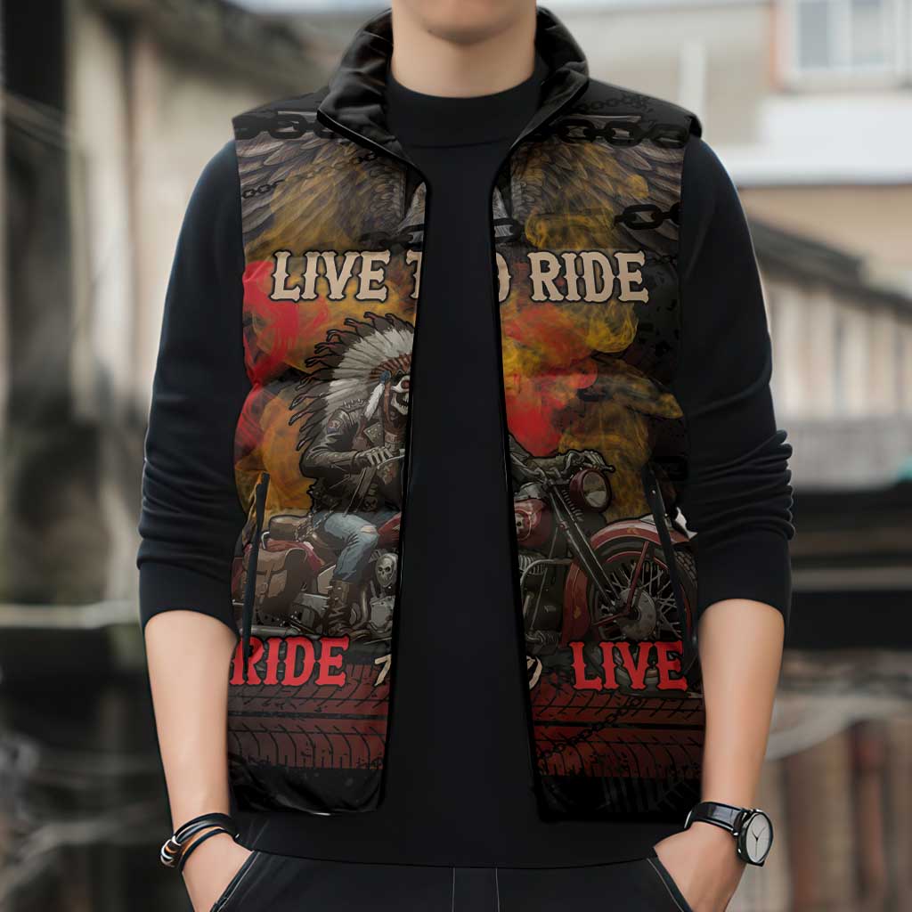 Indian Motorcycle Sleeveless Puffer Jacket Live To Ride Skull Biker Native American - Wonder Print Shop
