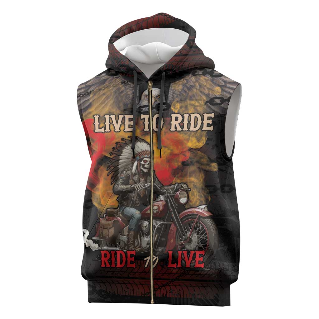 Indian Motorcycle Sleeveless Zip Hoodie Live To Ride Skull Biker Native American - Wonder Print Shop