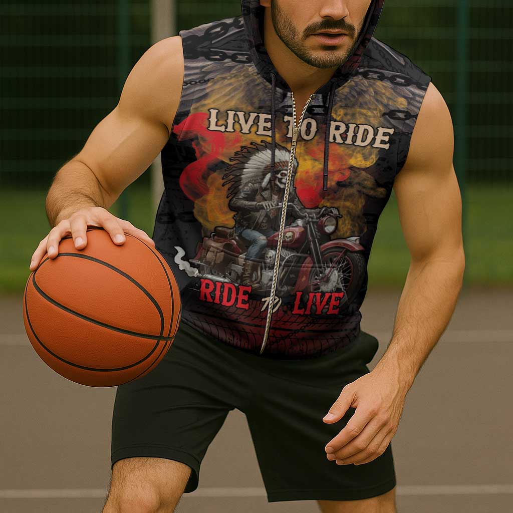 Indian Motorcycle Sleeveless Zip Hoodie Live To Ride Skull Biker Native American - Wonder Print Shop