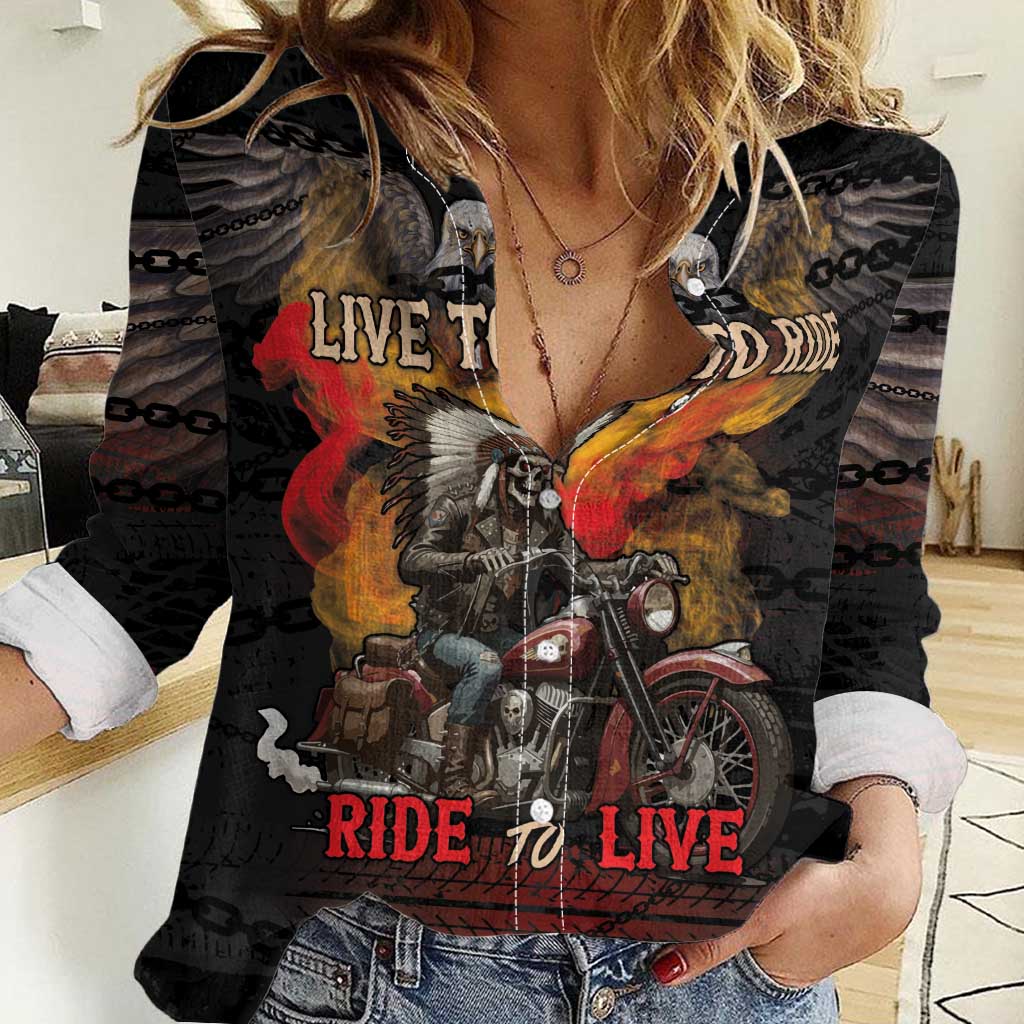 Indian Motorcycle Women Casual Shirt Live To Ride Skull Biker Native American - Wonder Print Shop