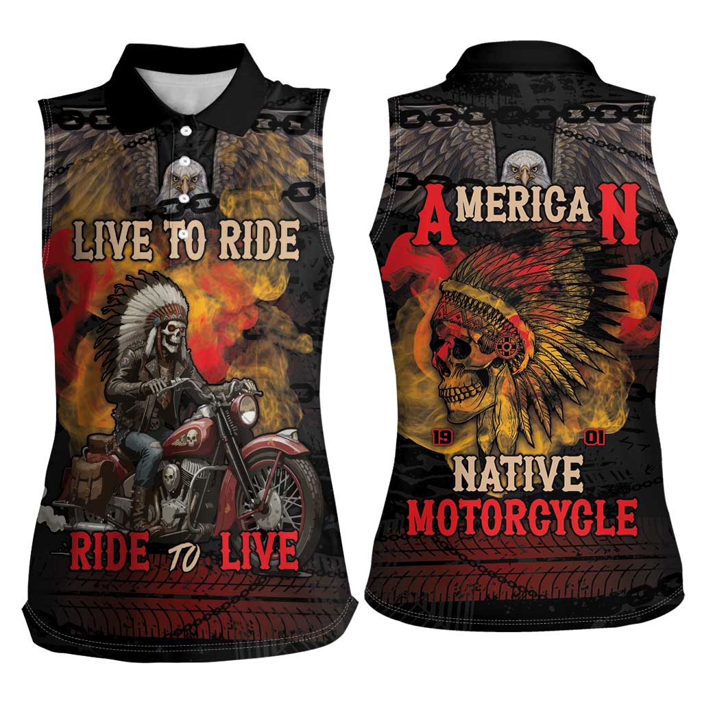 Indian Motorcycle Women Sleeveless Polo Shirt Live To Ride Skull Biker Native American - Wonder Print Shop