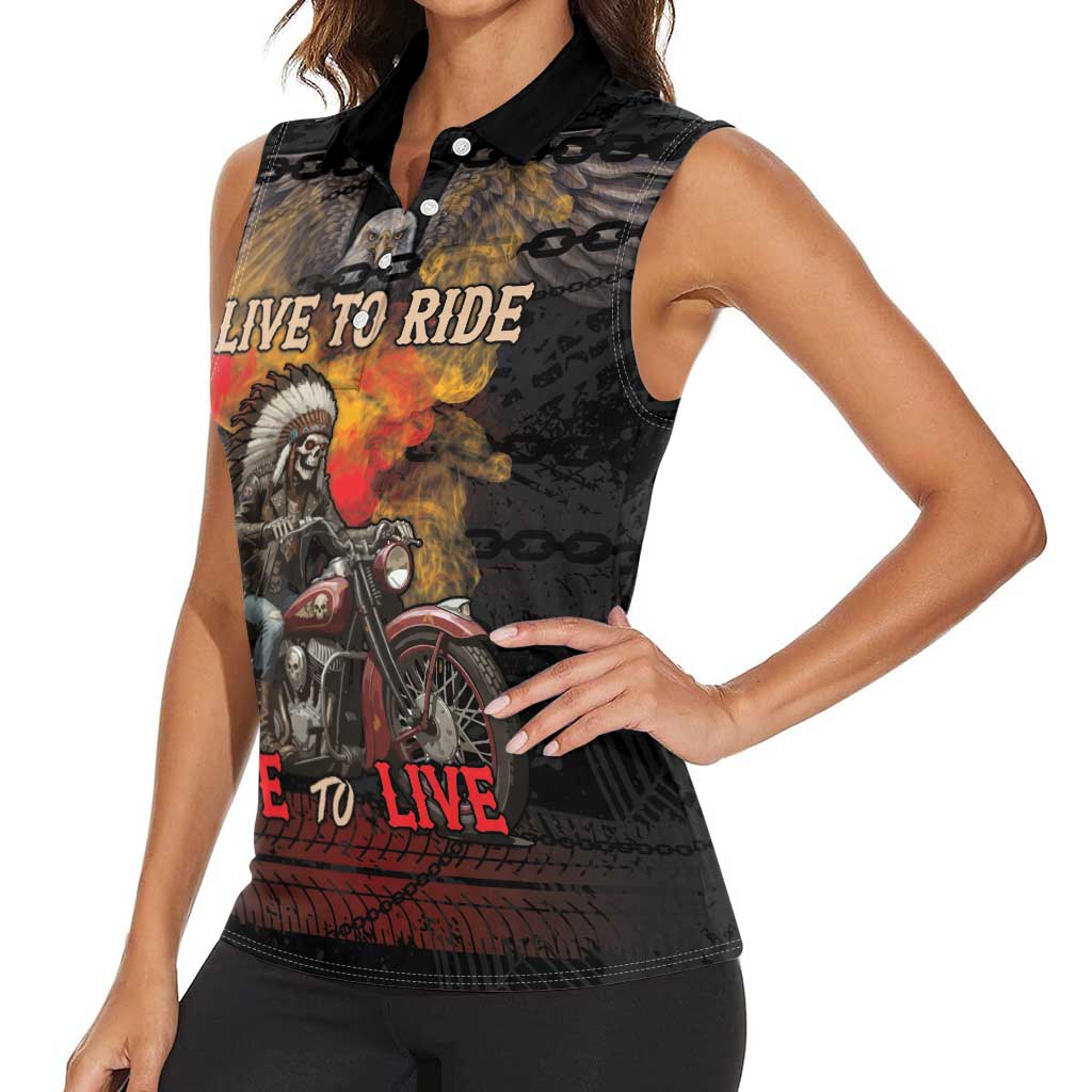 Indian Motorcycle Women Sleeveless Polo Shirt Live To Ride Skull Biker Native American - Wonder Print Shop