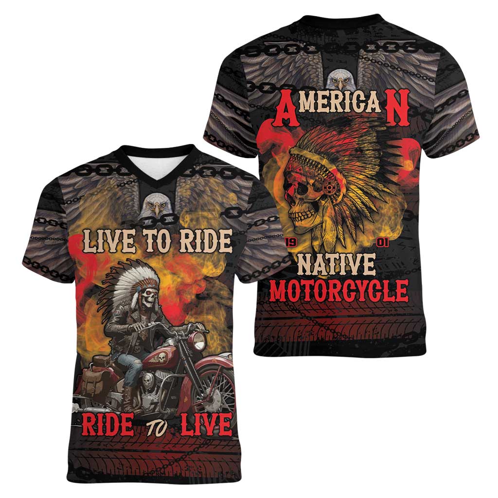 Indian Motorcycle Women V-Neck T-Shirt Live To Ride Skull Biker Native American - Wonder Print Shop