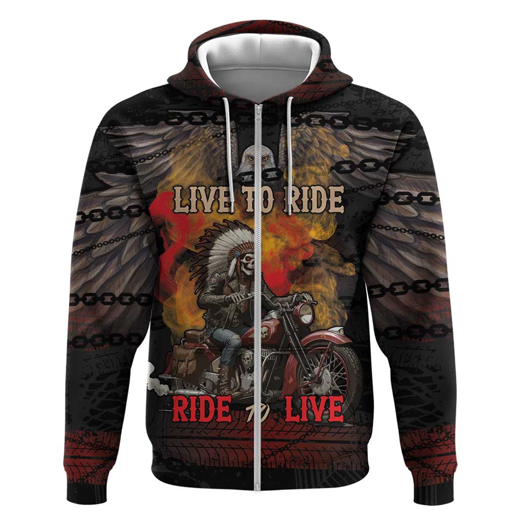 Indian Motorcycle Zip Hoodie Live To Ride Skull Biker Native American - Wonder Print Shop